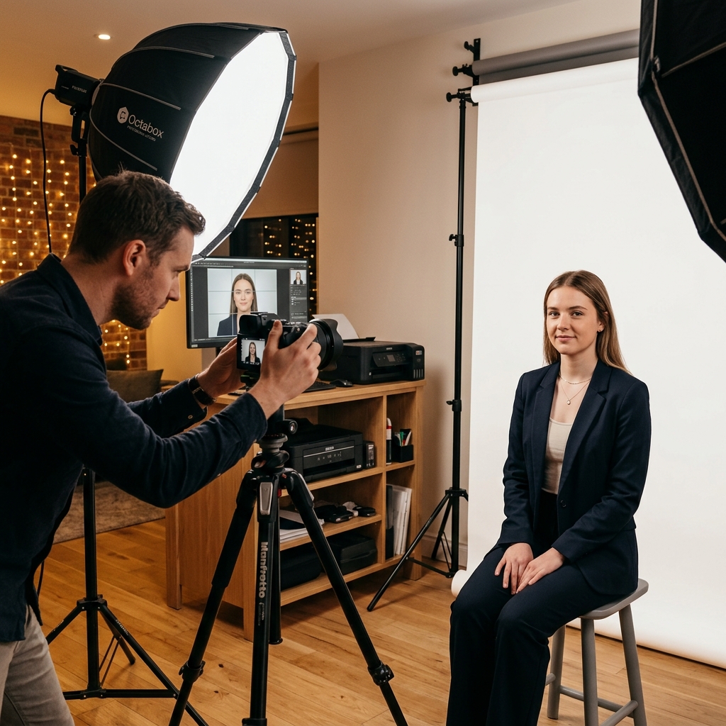 Een klant laat professioneel een pasfoto maken in de studio van Pasfoto Rotterdam Zuid